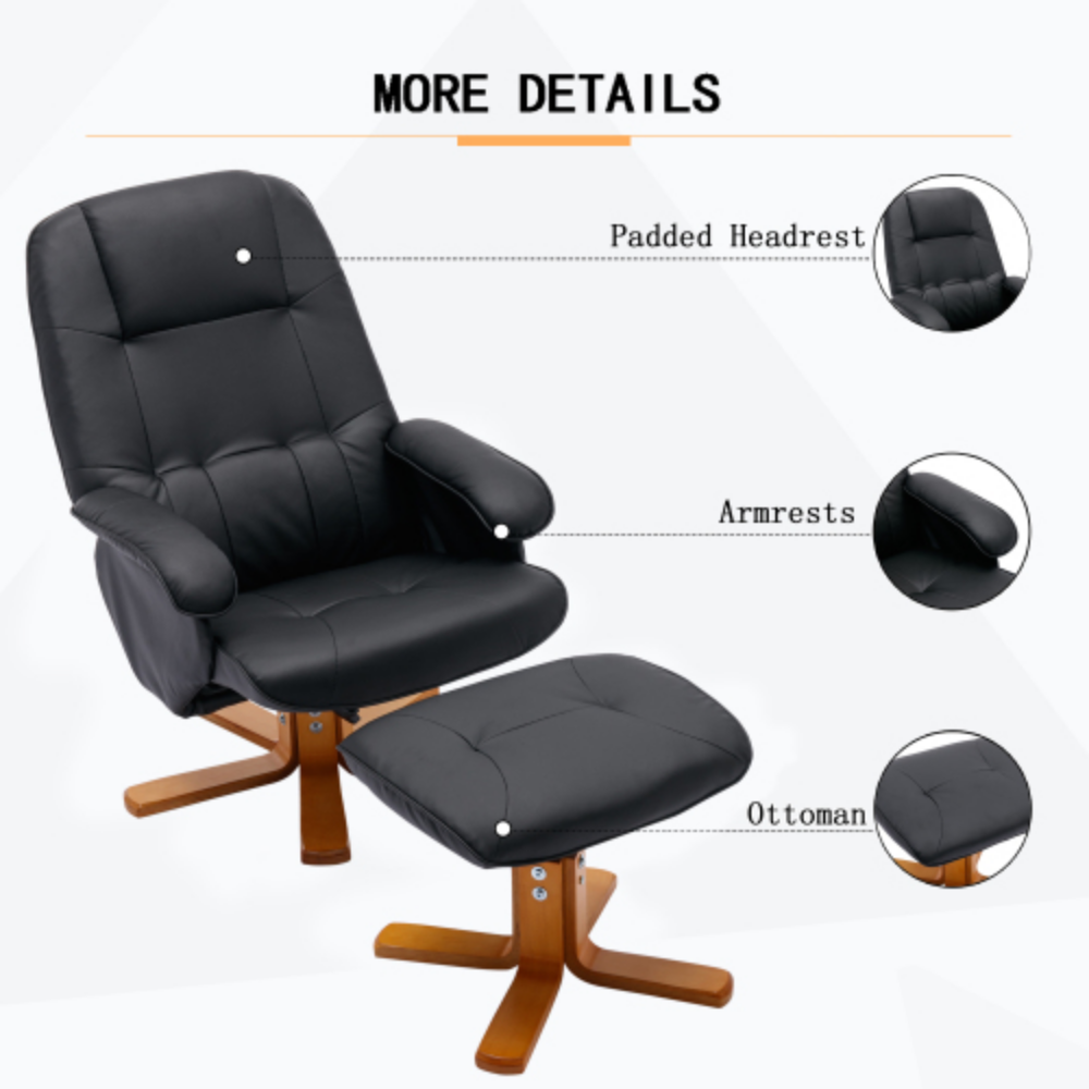 Faux Leather Beige Swivel Recliner Chair with Ottoman and Wood Base P849
