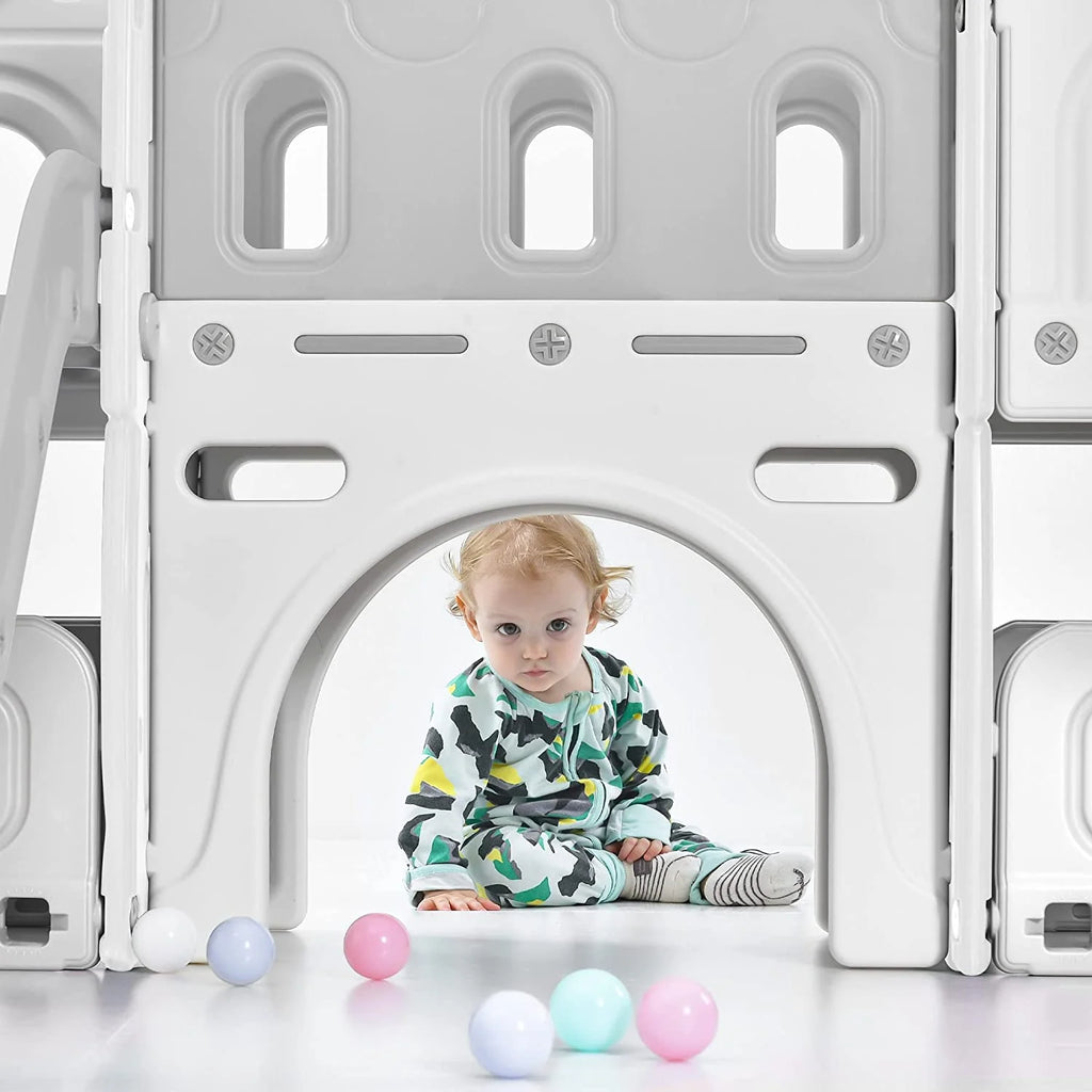 Kids 6-in-1 Slide with Climber, Basketball Hoop, Tunnel and Storage Space, HDPE, Blue S702798