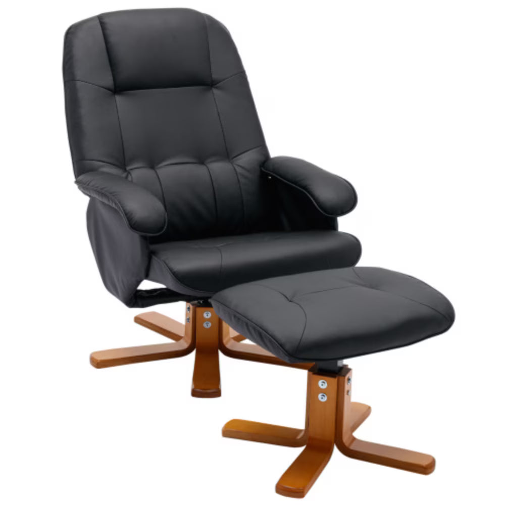 Faux Leather Beige Swivel Recliner Chair with Ottoman and Wood Base P849
