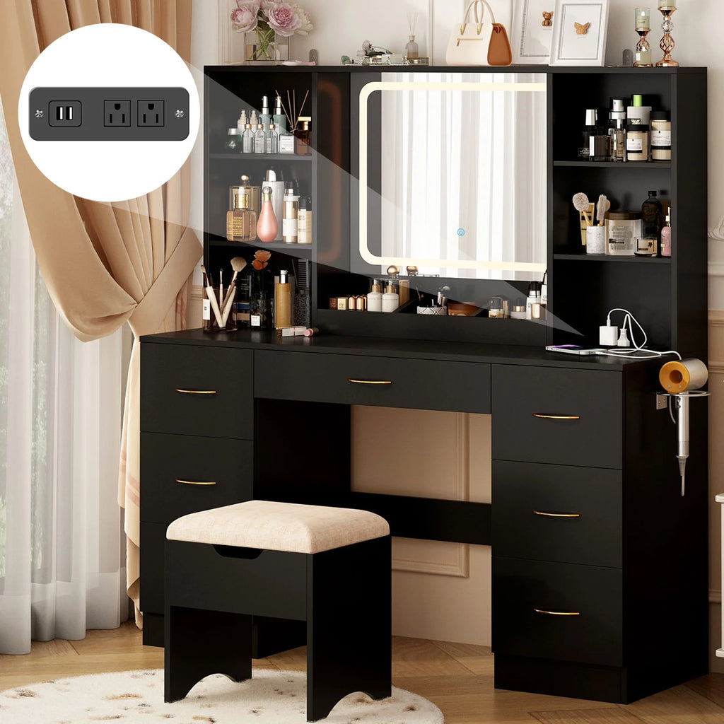 47" Black Vanity Desk with LED Lighted Mirror and 7 Drawers I582