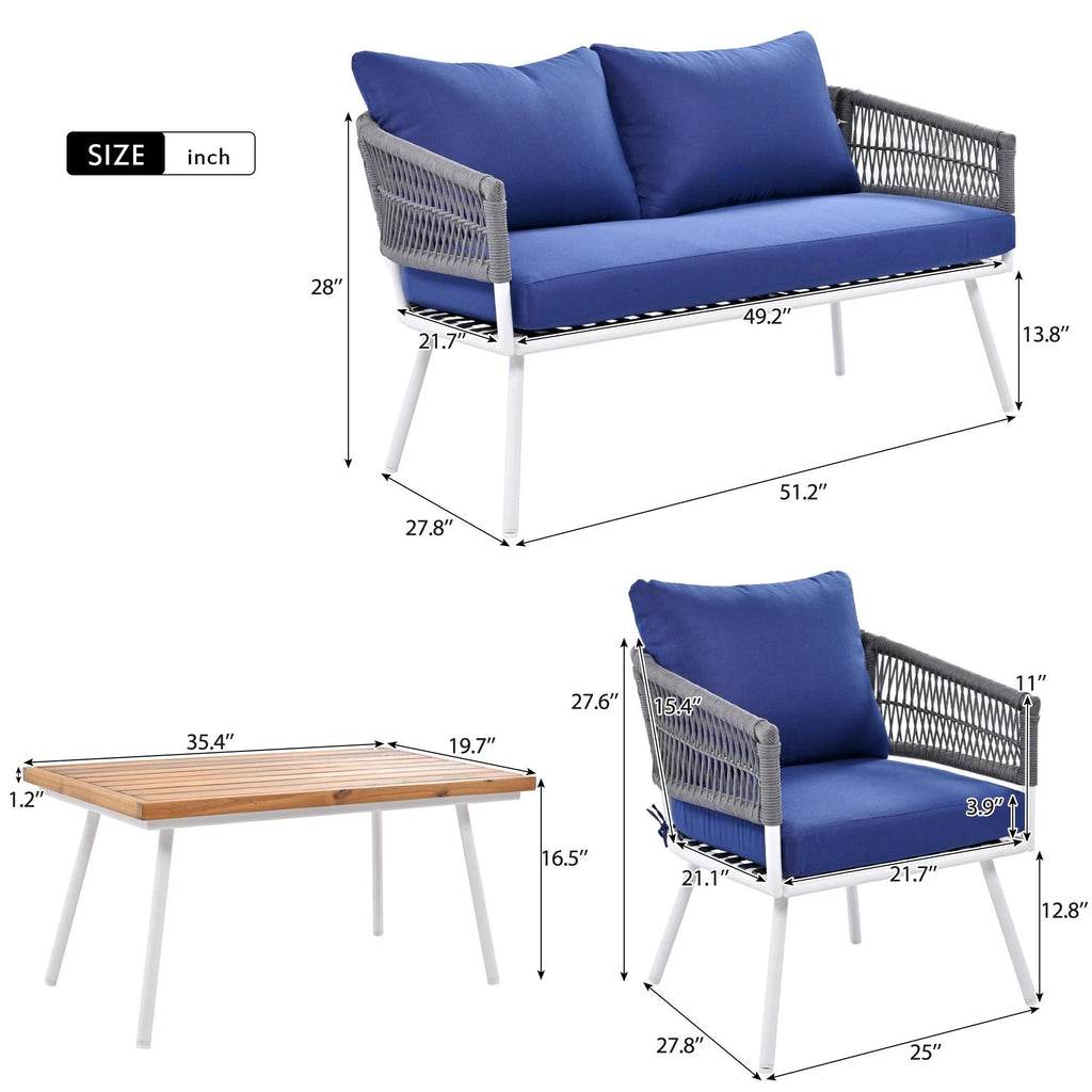 4 Piece Navy Blue Outdoor Woven Rope Sofa Set with Acacia Wood Table Q6367