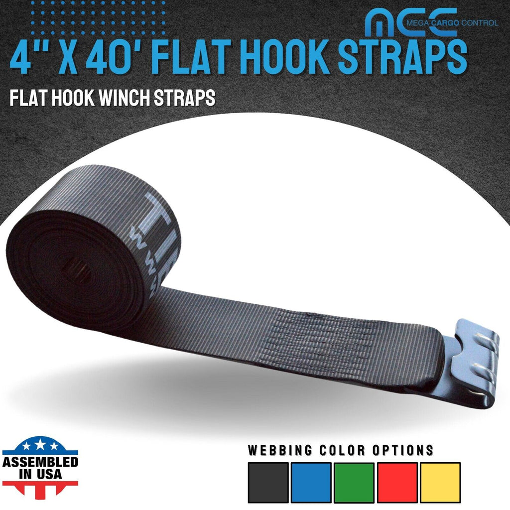 4" x 40' Winch Tie Down Strap with Flat Hook, 5400 lbs Black W247
