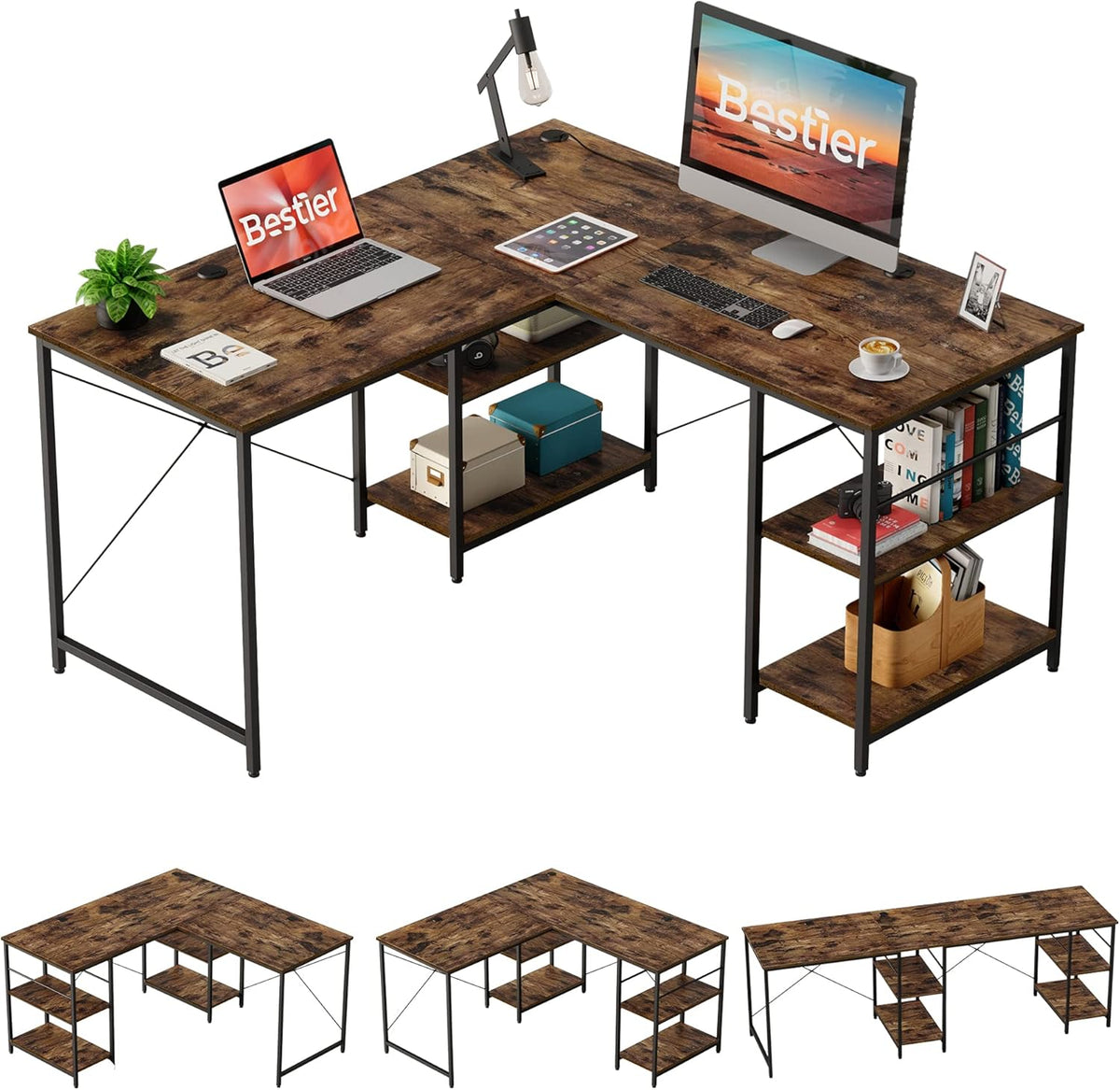 Rustic Brown L Shaped Desk with Shelves X31082