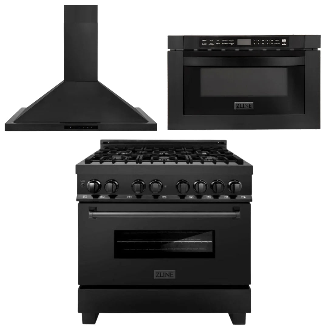 36 in. Dual Fuel Range, Range Hood, Microwave in Black Stainless Steel Z16606