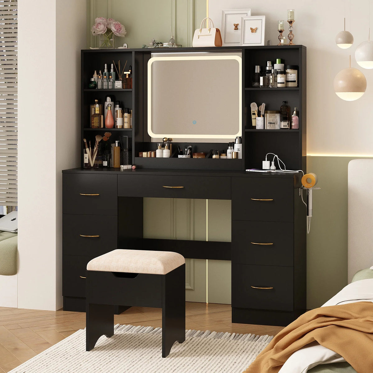 47" Black Vanity Desk with LED Lighted Mirror and 7 Drawers I582