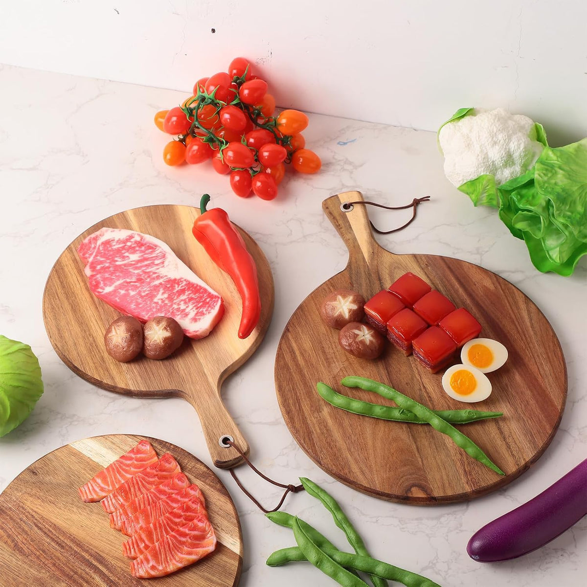 16 Pack Acacia Wood Cutting Board with Handle Thick Round Charcuterie Boards 2 Size C378