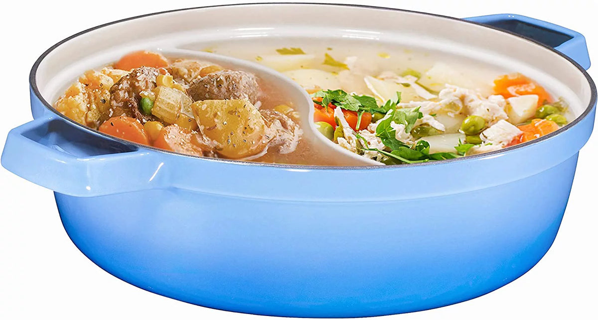 2-In-1 Cast Iron Shabu Shabu Hot Pot with Wooden Lid J1538