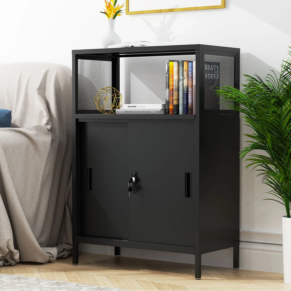 Metal Storage Cabinet with Sliding Doors and Adjustable Shelf, Black Q4377