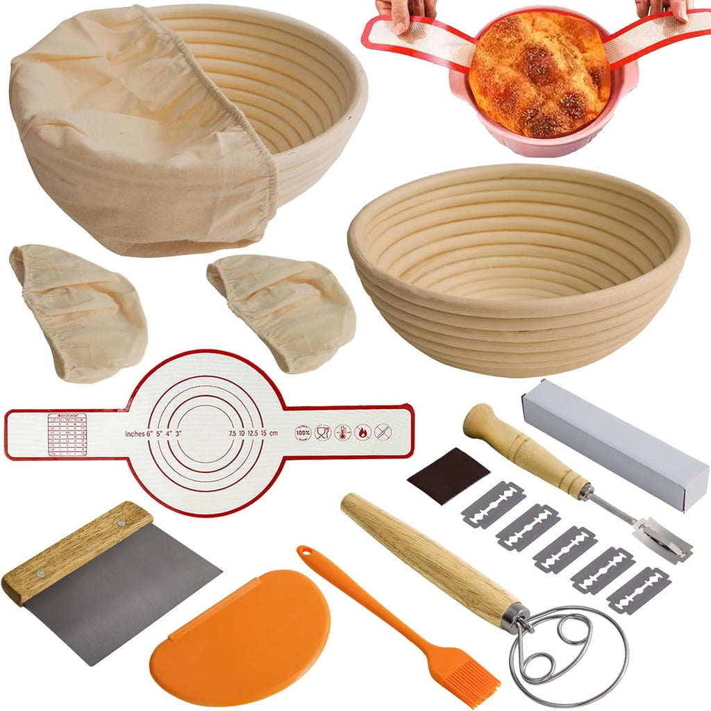16PCS Bread Proofing Basket Kit with Linen Liner, Dough Scraper, Bread Lame G305171