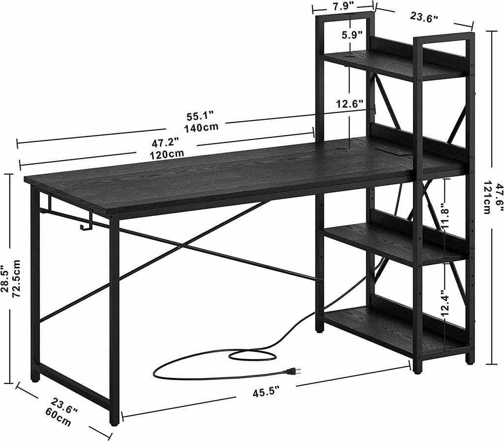 55" Computer Desk with Power Outlet and Storage Shelves U322