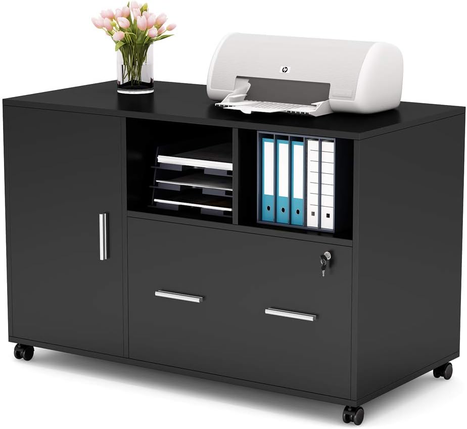 White Mobile Lateral File Cabinet with Lock and Drawer P34782