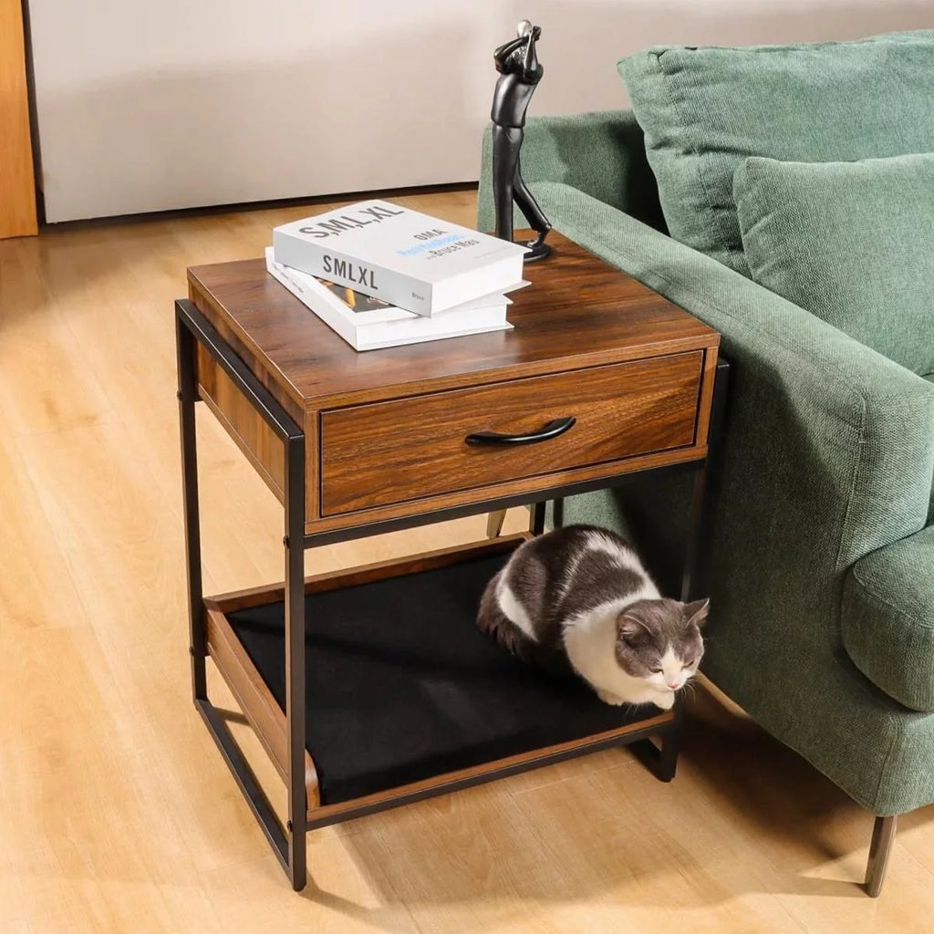 Brown End Table with Storage Drawer and Cat Resting Seat U4177