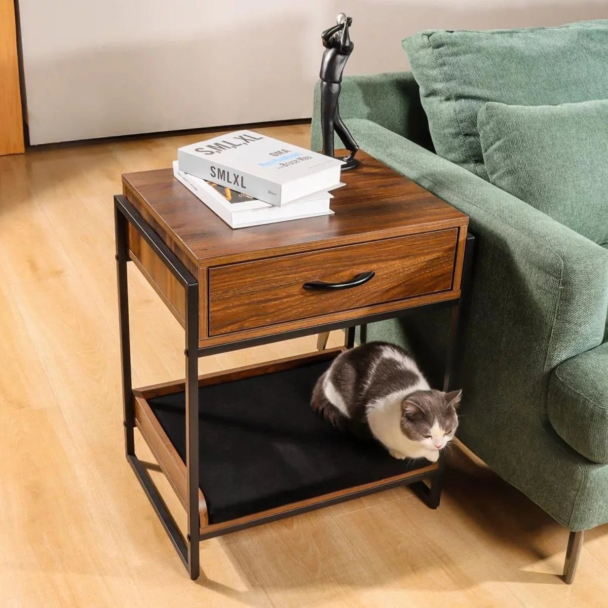 Brown End Table with Storage Drawer and Cat Resting Seat U4177