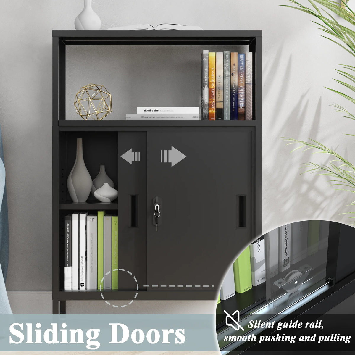 Metal Storage Cabinet with Sliding Doors and Adjustable Shelf, Black Q4377