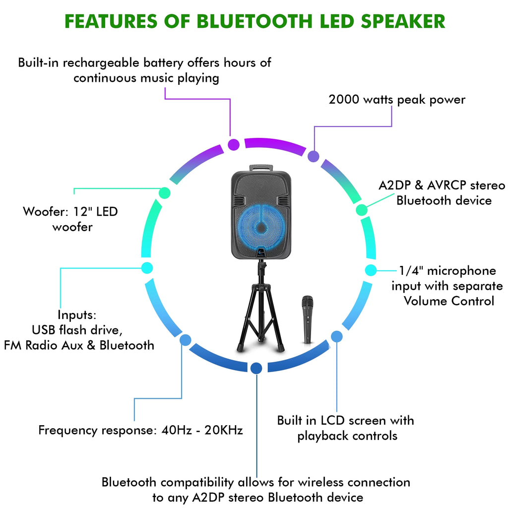 2000 Watts Rechargeable 12 Inch Bluetooth LED Speaker O874105