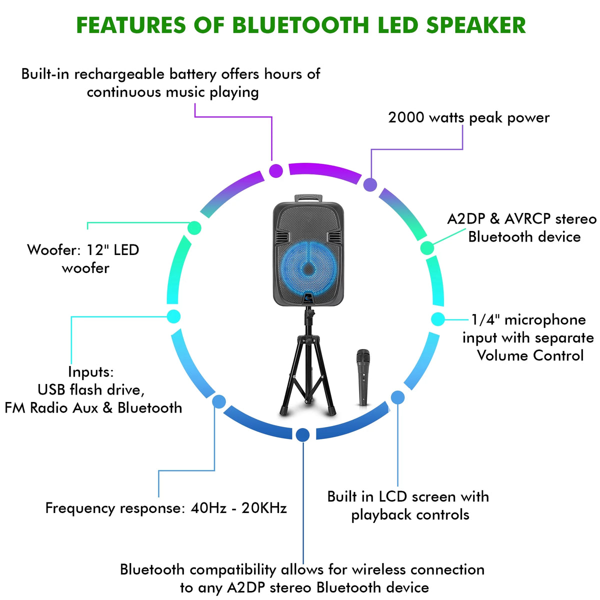 2000 Watts Rechargeable 12 Inch Bluetooth LED Speaker O874105