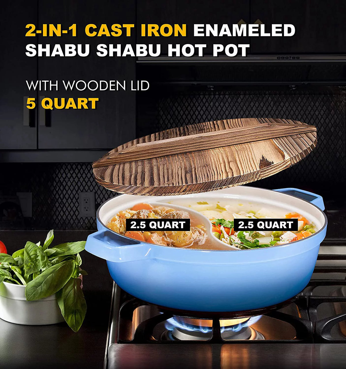 2-In-1 Cast Iron Shabu Shabu Hot Pot with Wooden Lid J1538