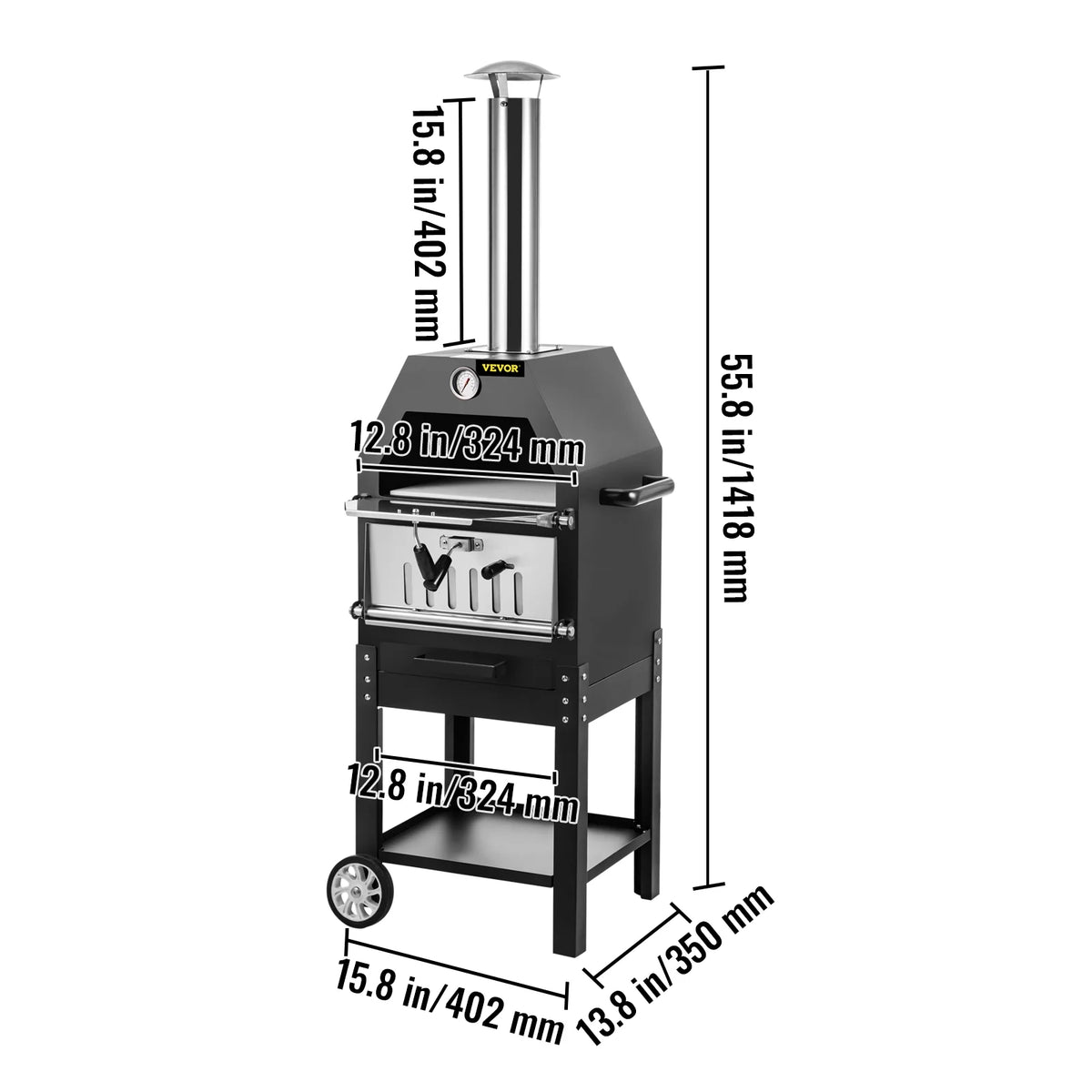12 Wood Fire Outdoor Pizza Oven with 2 Removable Wheels U9858