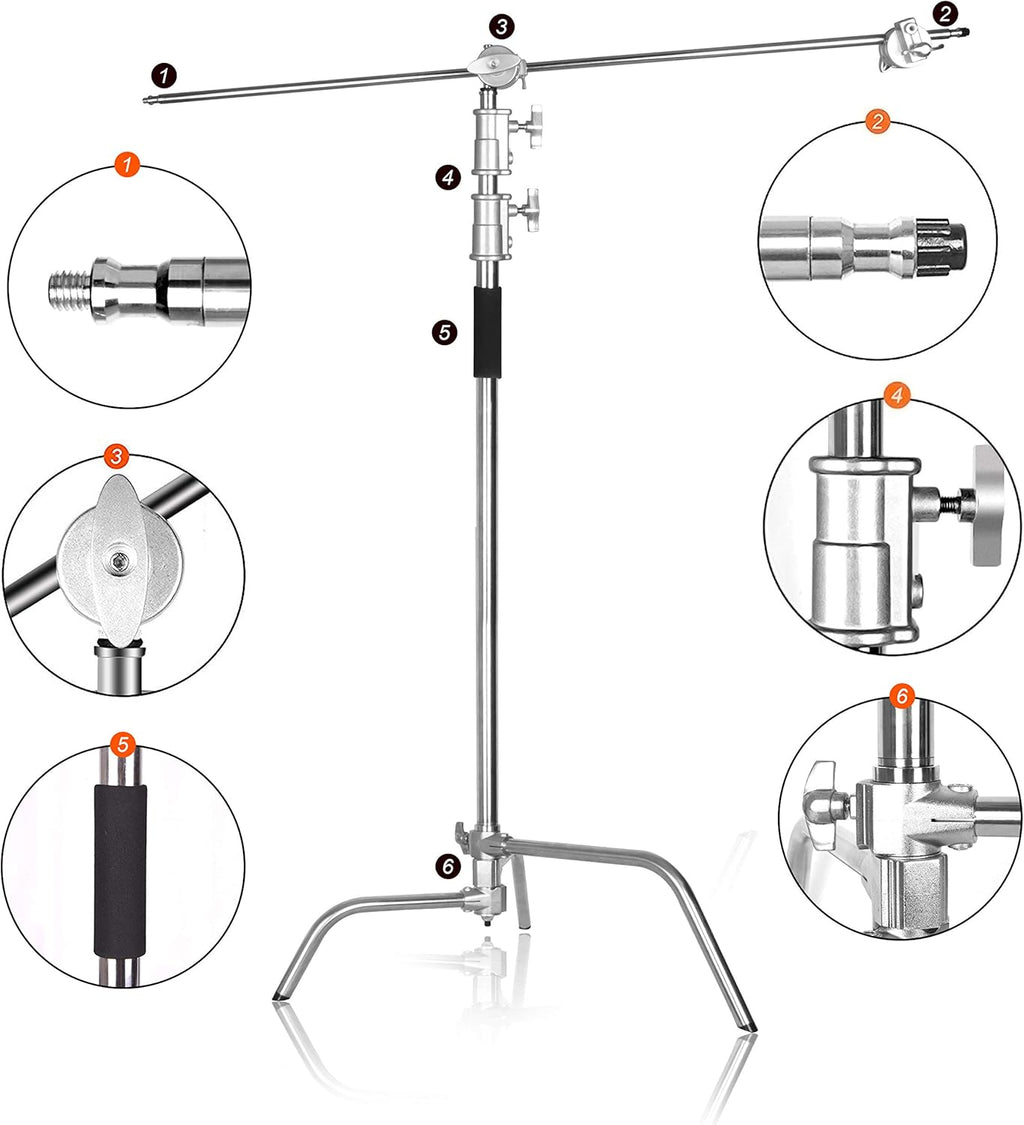 C Stand with Boom Arm, 10ft/300cm Adjustable Heavy Duty Light Cstand with 4.2ft/128cm Holding Arm, 2 Pieces Grip Head J499101