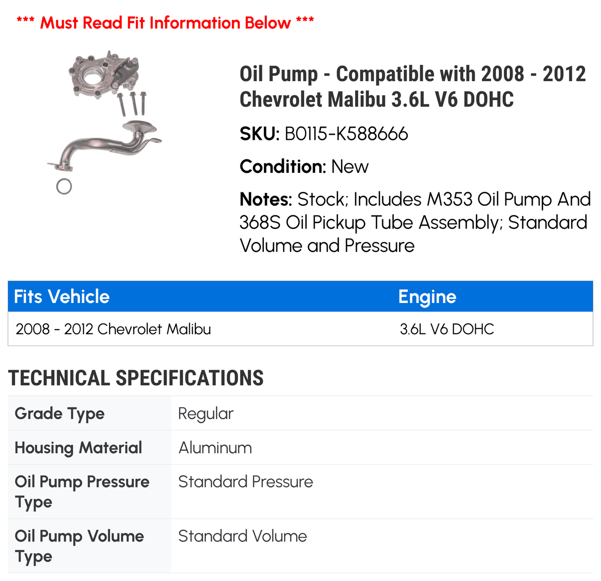 Oil Pump for 2008-2012 Chevy Malibu 3.6L V6 DOHC F4948