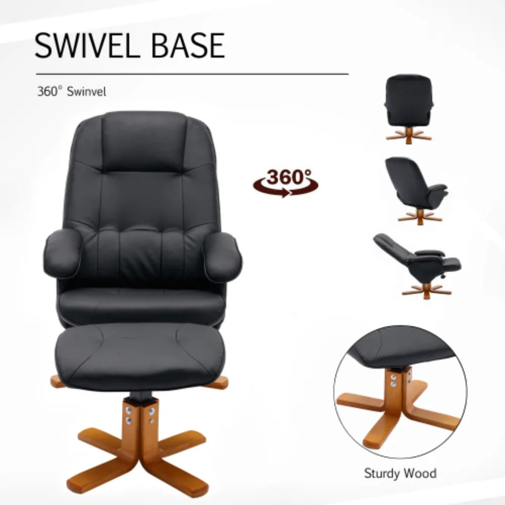 Faux Leather Beige Swivel Recliner Chair with Ottoman and Wood Base P849