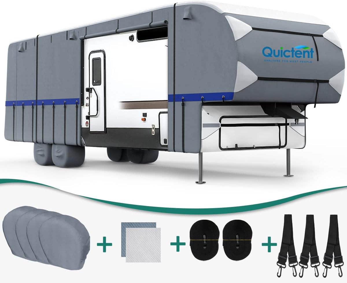 5th Wheel RV Cover, Extra-Thick 6-ply Camper Cover, Fits 26 - 29Ft Motorhome, Breathable Waterproof Rip-Stop Anti-UV, 2 Windproof Straps, 4 Tire Covers J83270
