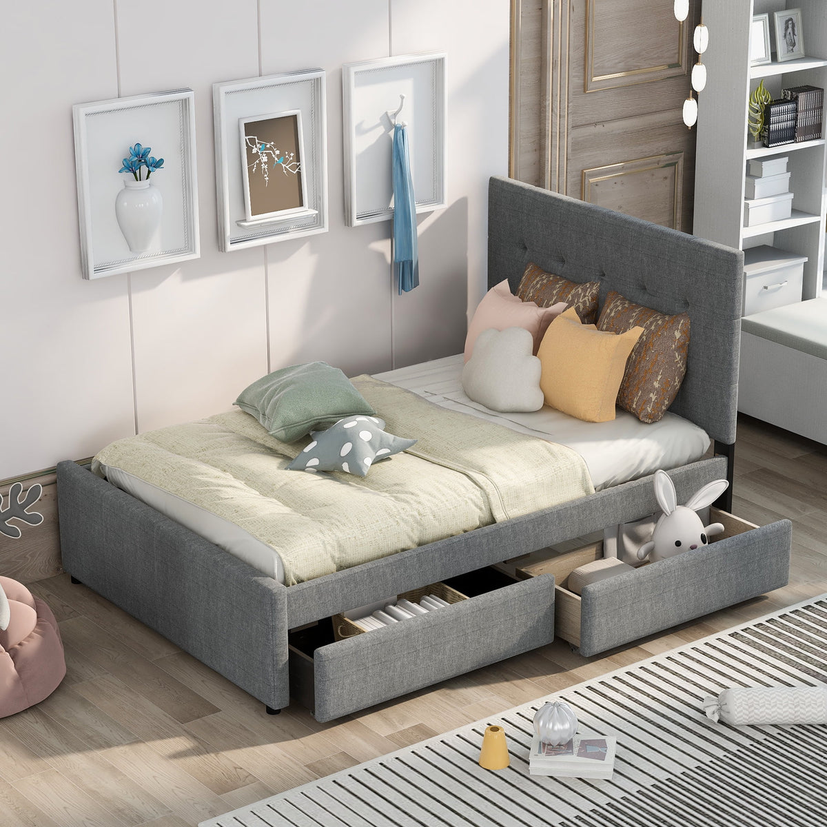 Linen Upholstered Platform Bed with Headboard and Two Drawers P288742