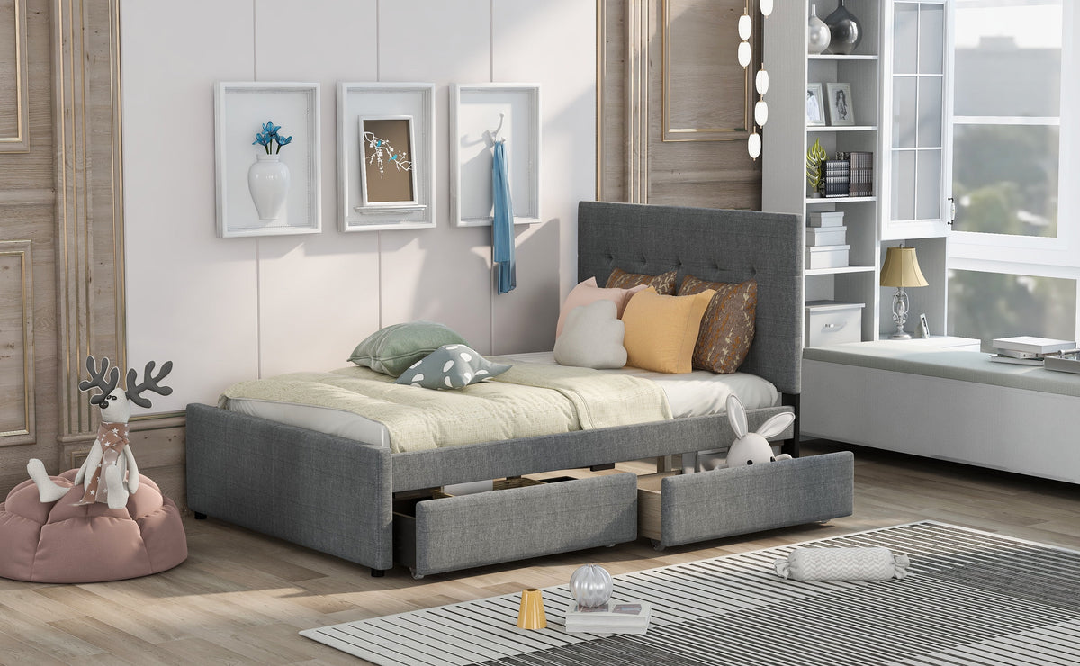 Linen Upholstered Platform Bed with Headboard and Two Drawers P288742