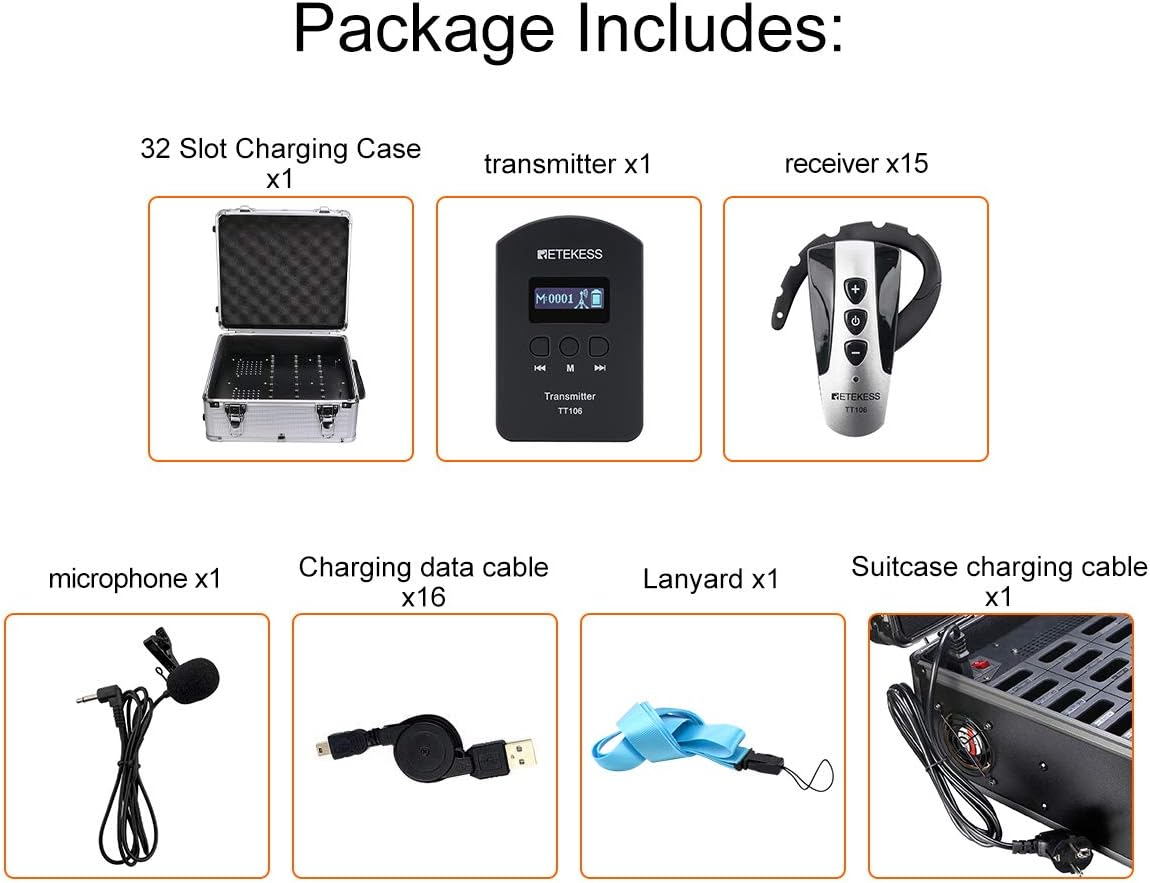 Wireless Tour Guide System with 15 Receivers and Charging Case J645