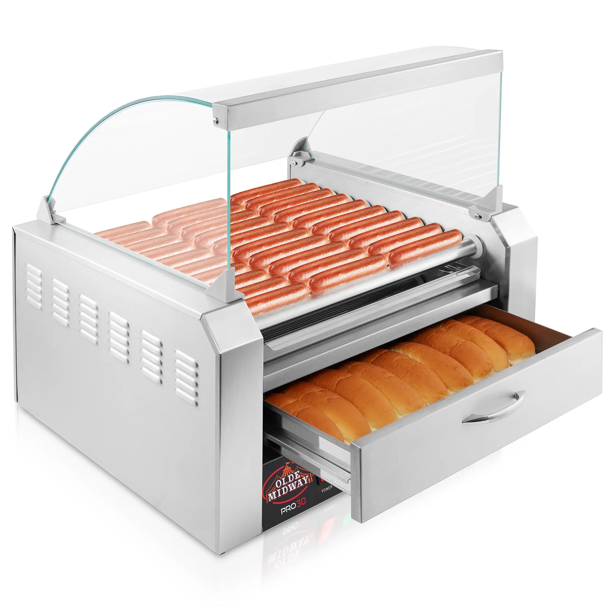 Electric Hot Dog Roller Machine with Cover, 11 Rollers, Bun Warming Drawer E257418