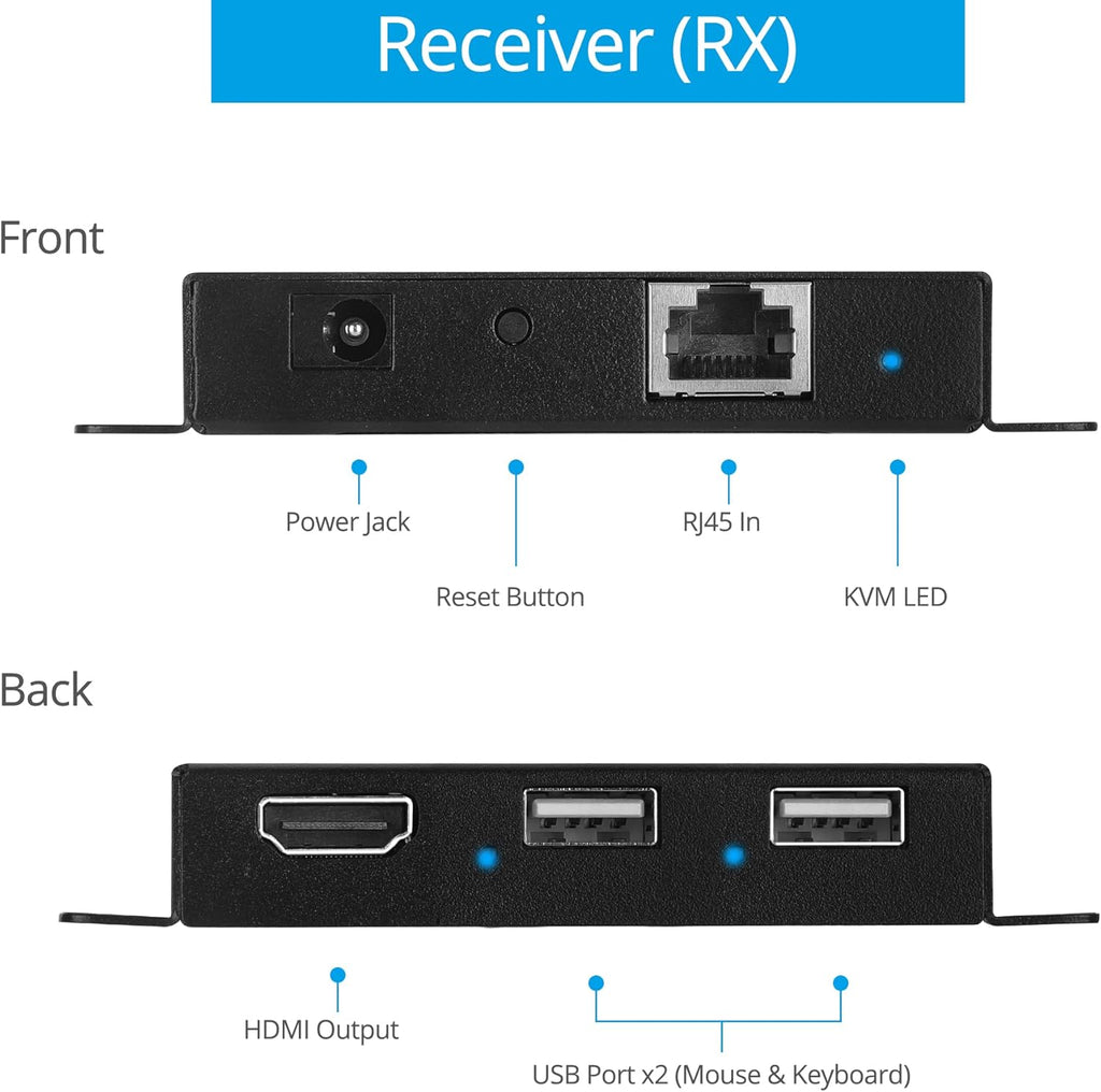 USB KVM and HDMI 1.4 Over CAT6 / CAT7 Extender, 328ft Extension, 4K @30Hz, 2X USB Keyboard/Mouse, HDMI Loopout, Dual PoC, HDCP 2.2, ESD Protection F648