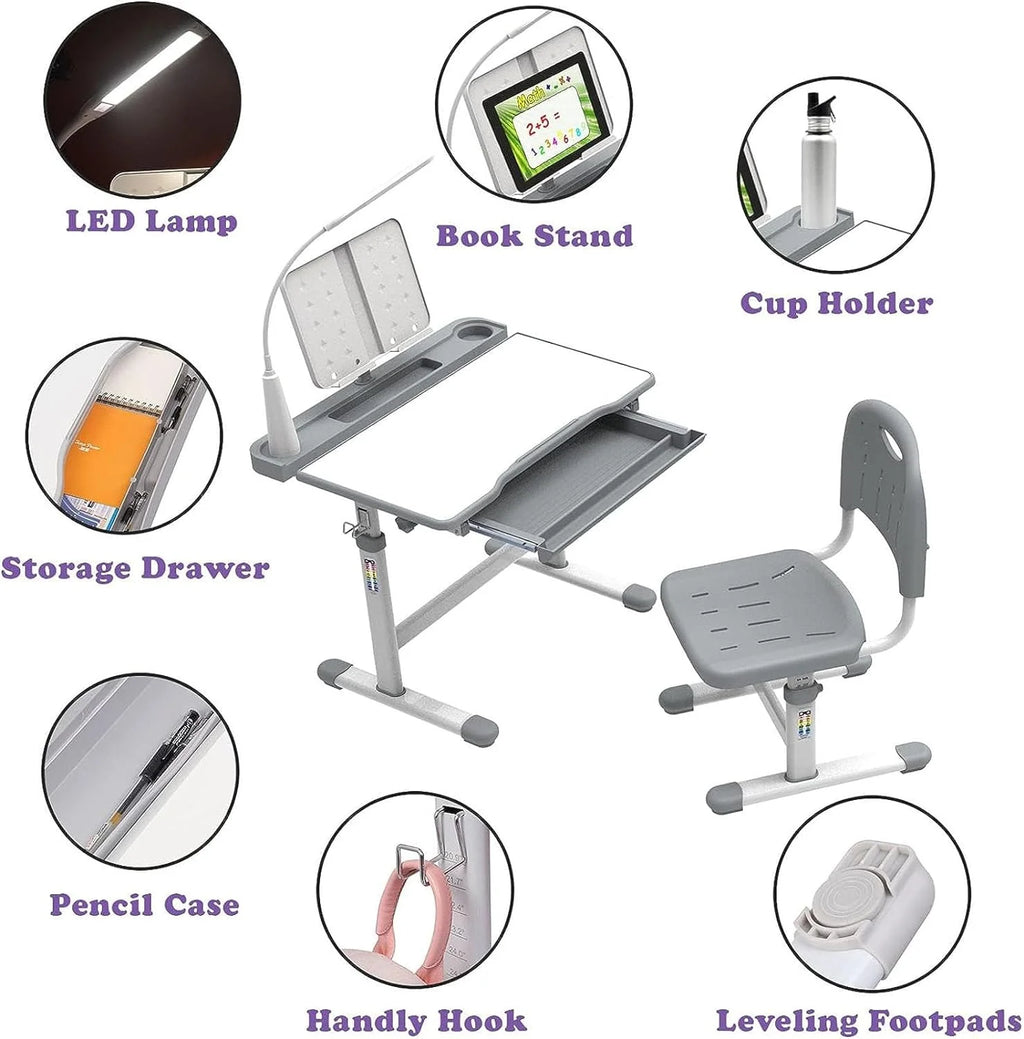 Kids Desk and Chair Set with Light, Height Adjustable Tiltable Desk W802244