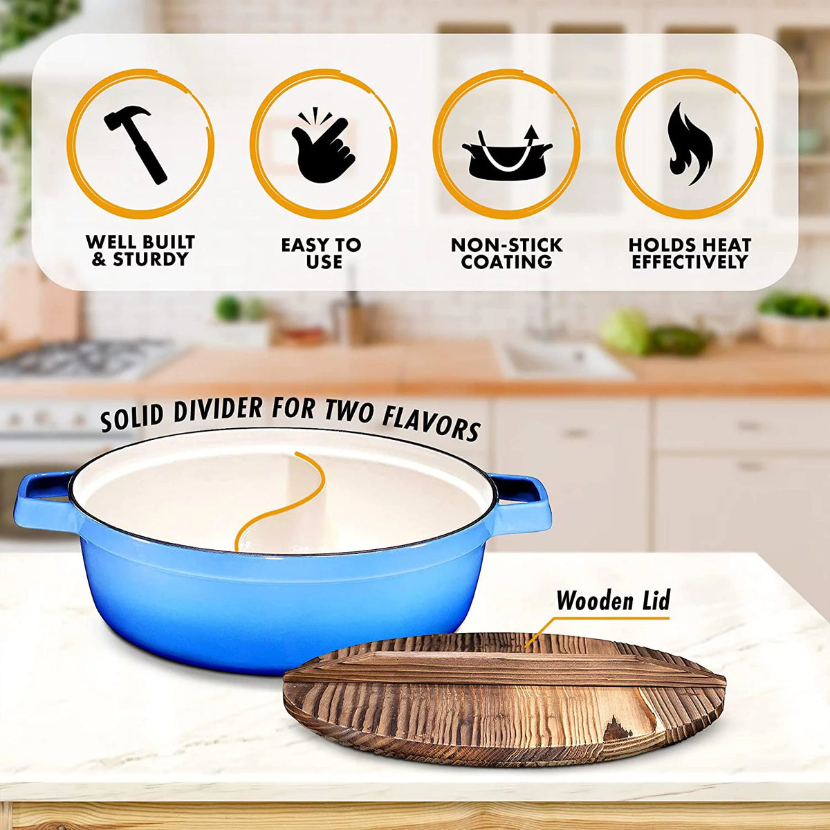 2-In-1 Cast Iron Shabu Shabu Hot Pot with Wooden Lid J1538