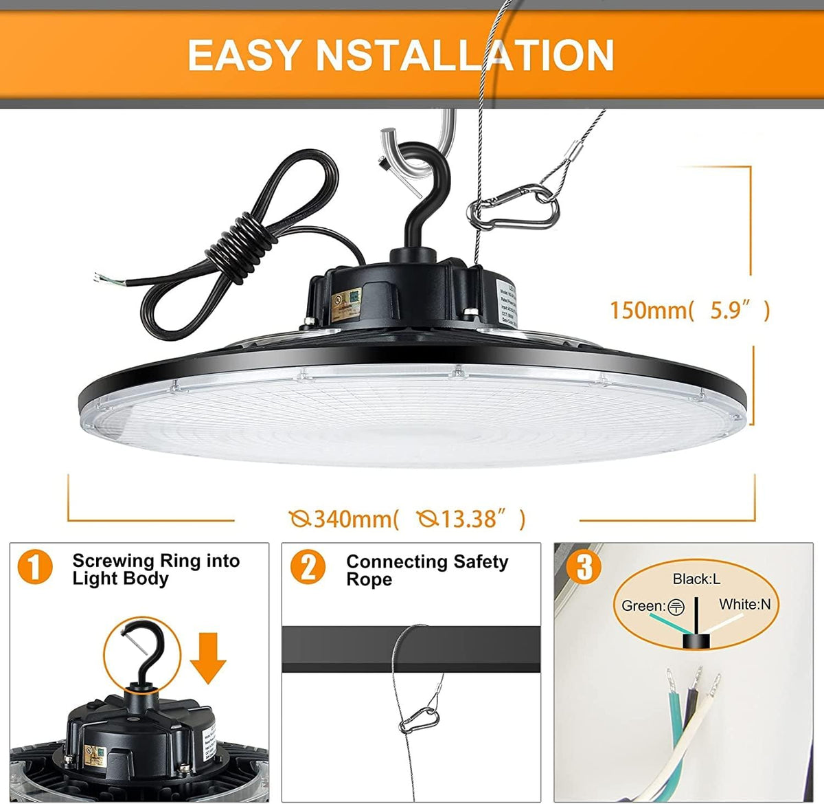 100W UFO LED High Bay Light, Dimmable, 15000lm, UL Listed, AC100-277V, IP65 5000K B514