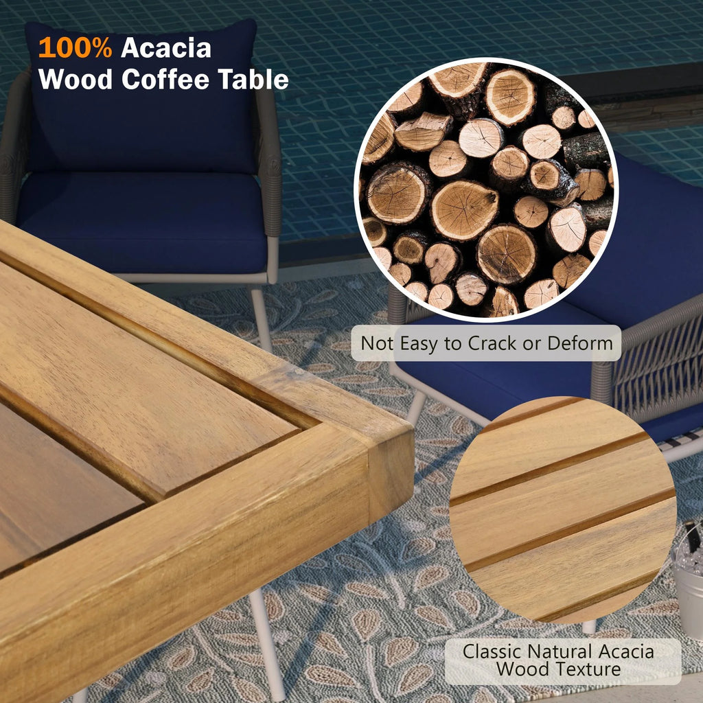 4 Piece Navy Blue Outdoor Woven Rope Sofa Set with Acacia Wood Table Q6367