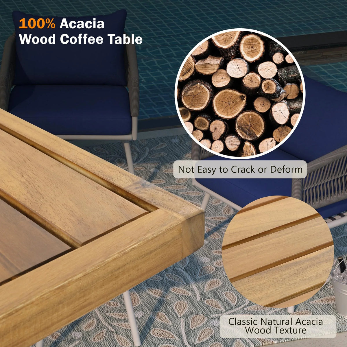 4 Piece Navy Blue Outdoor Woven Rope Sofa Set with Acacia Wood Table Q6367
