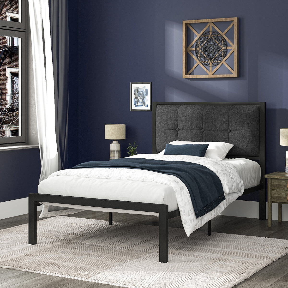 Twin Metal Platform Bed with Fabric Tufted Headboard and Under-Bed Storage K28467