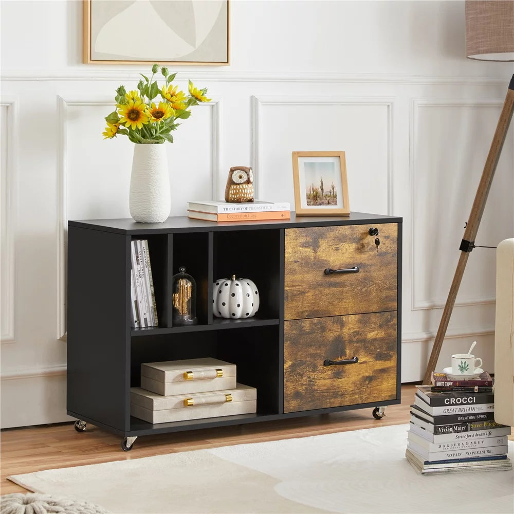 Rolling File Cabinet with 2 Drawers and Open Shelving T806085