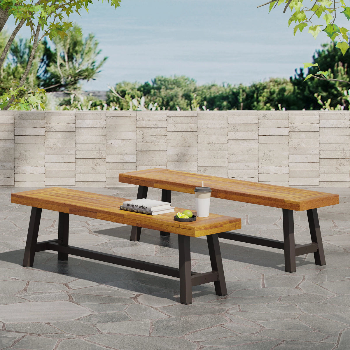 Acacia Wood Outdoor Benches Set of 2 L545572