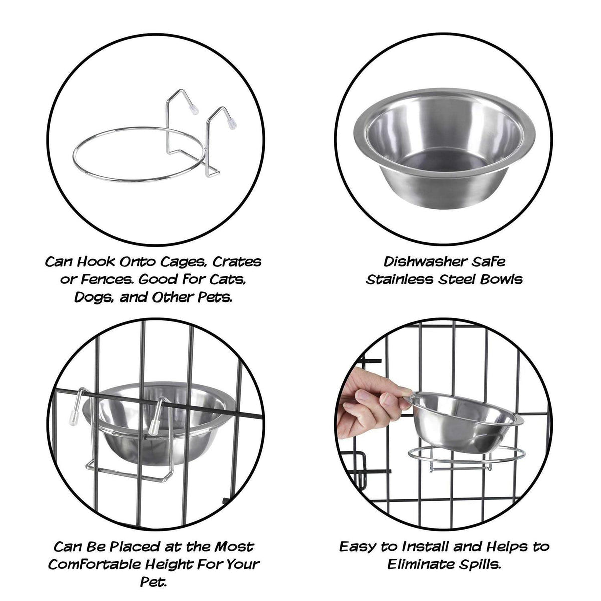 Set of 2 Stainless-Steel Hanging Pet Bowls O166
