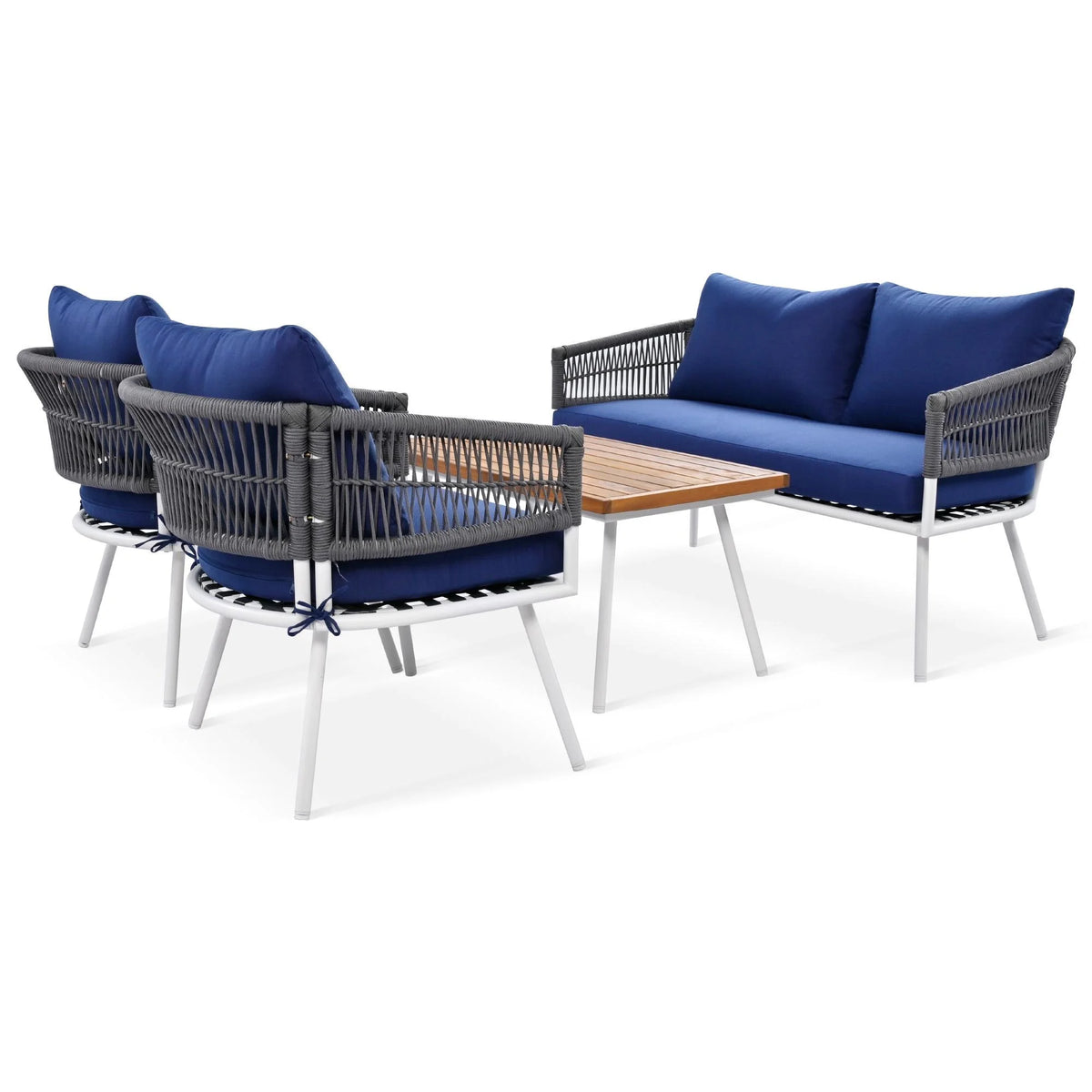 4 Piece Navy Blue Outdoor Woven Rope Sofa Set with Acacia Wood Table Q6367