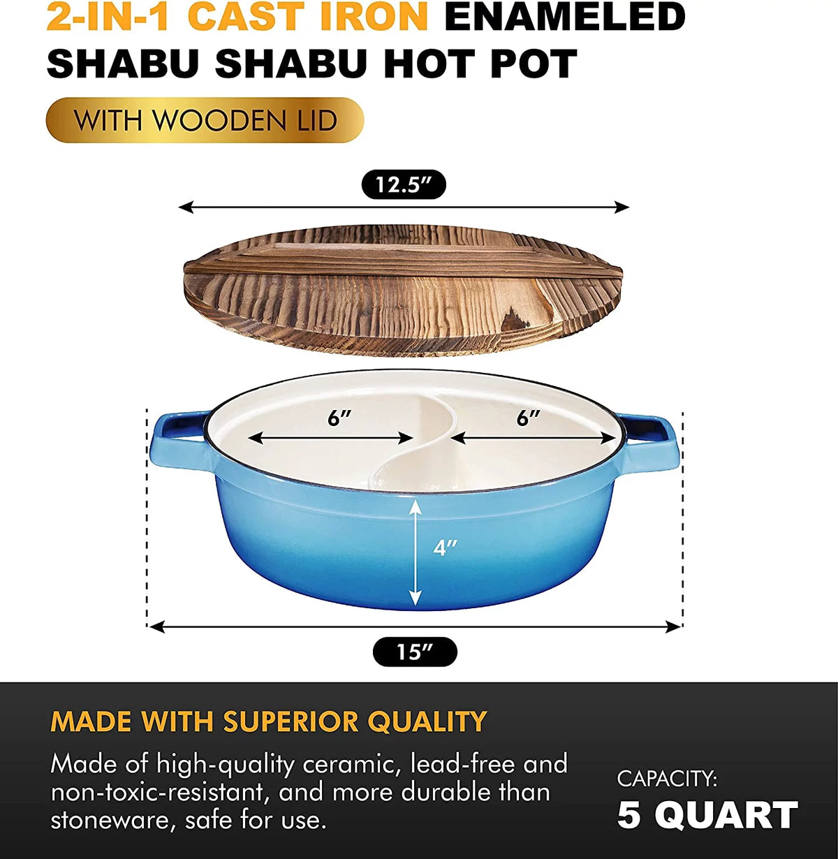 2-In-1 Cast Iron Shabu Shabu Hot Pot with Wooden Lid J1538
