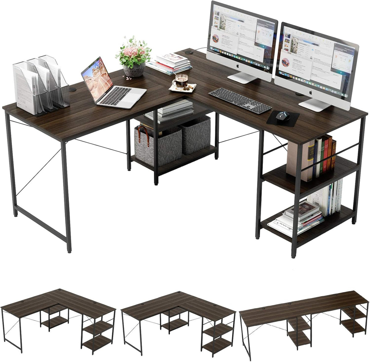 Rustic Brown L Shaped Desk with Shelves X31082