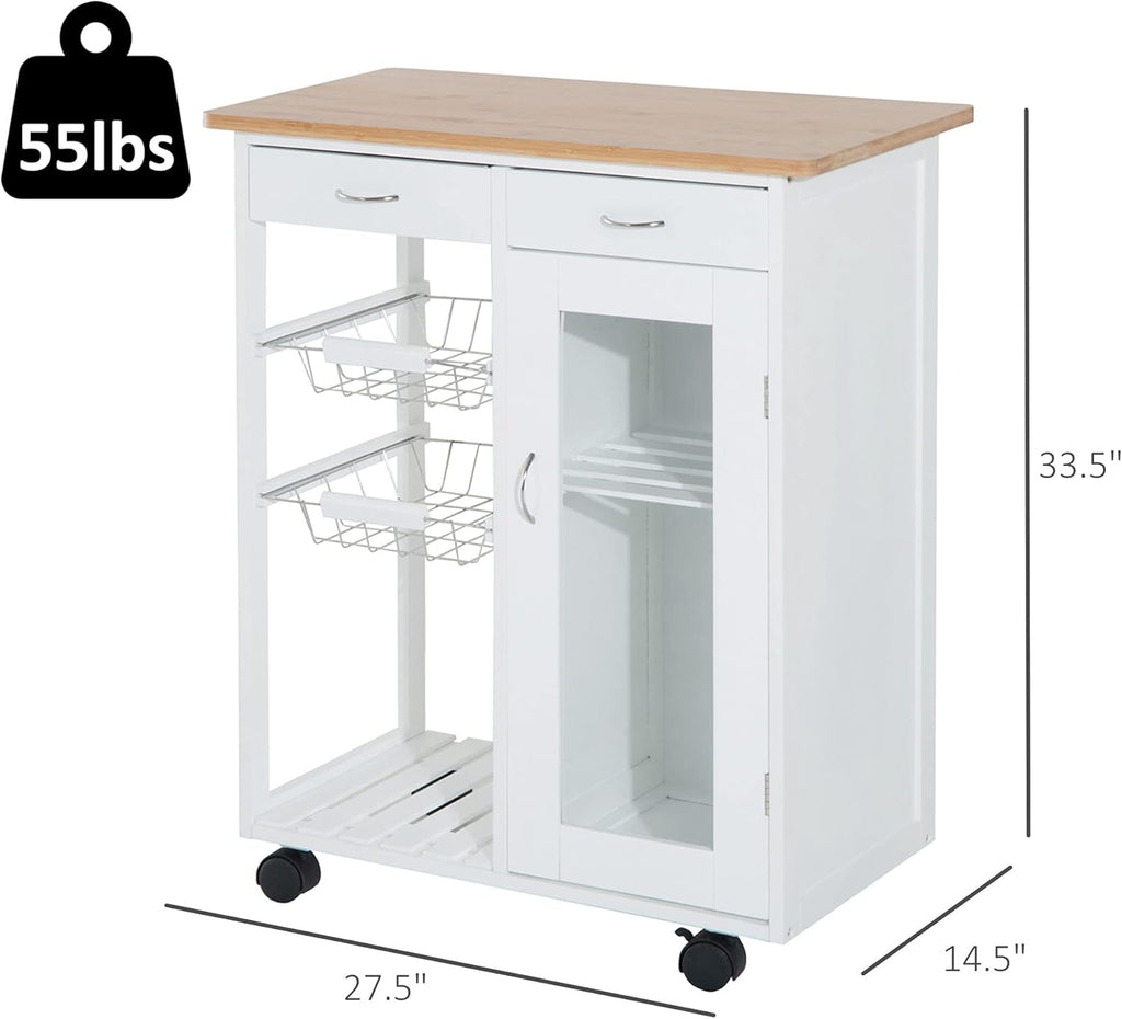 White Rolling Kitchen Trolley with Bamboo Top W2720