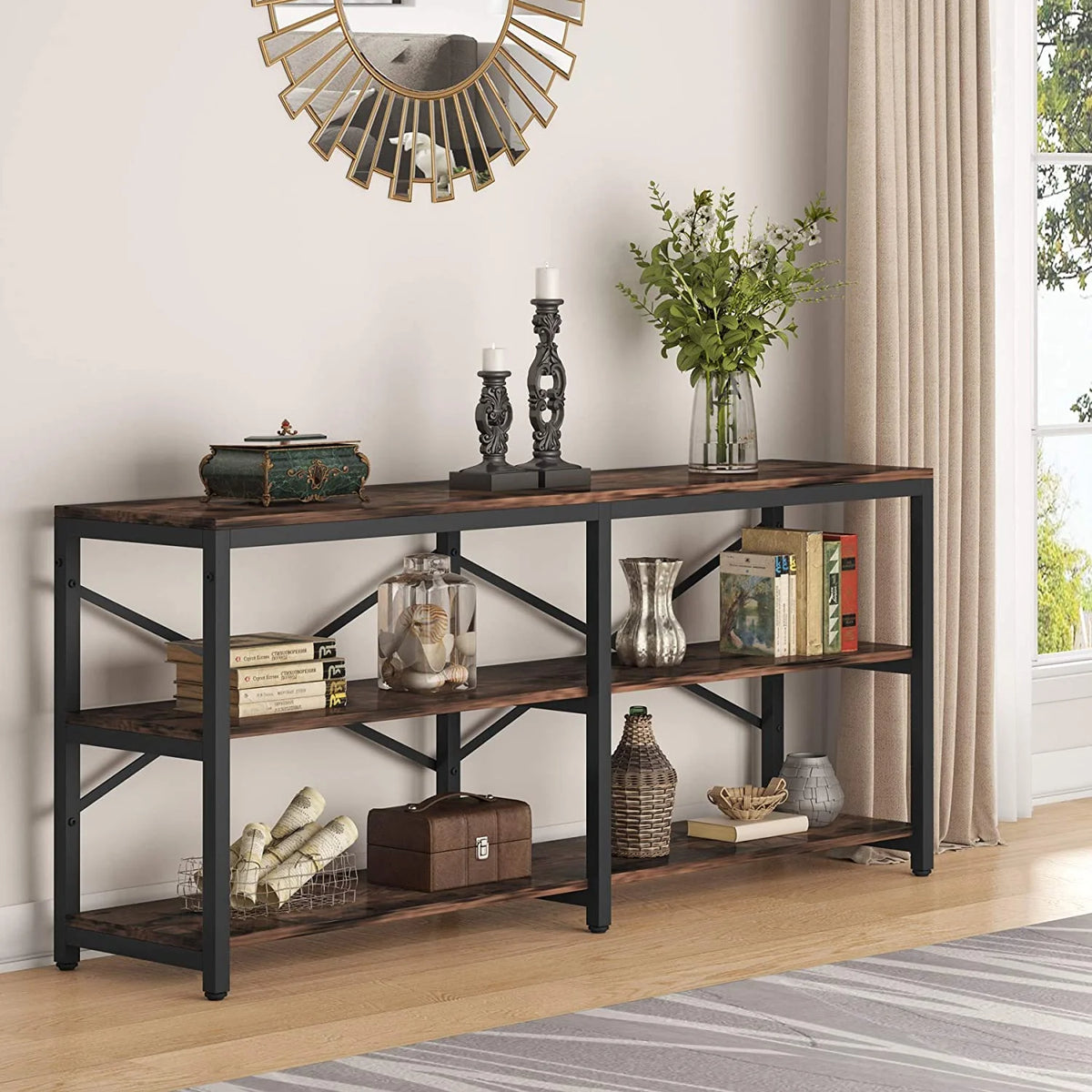 70.9" 3-Tier Industrial Console Sofa Table with Storage Shelves J36236
