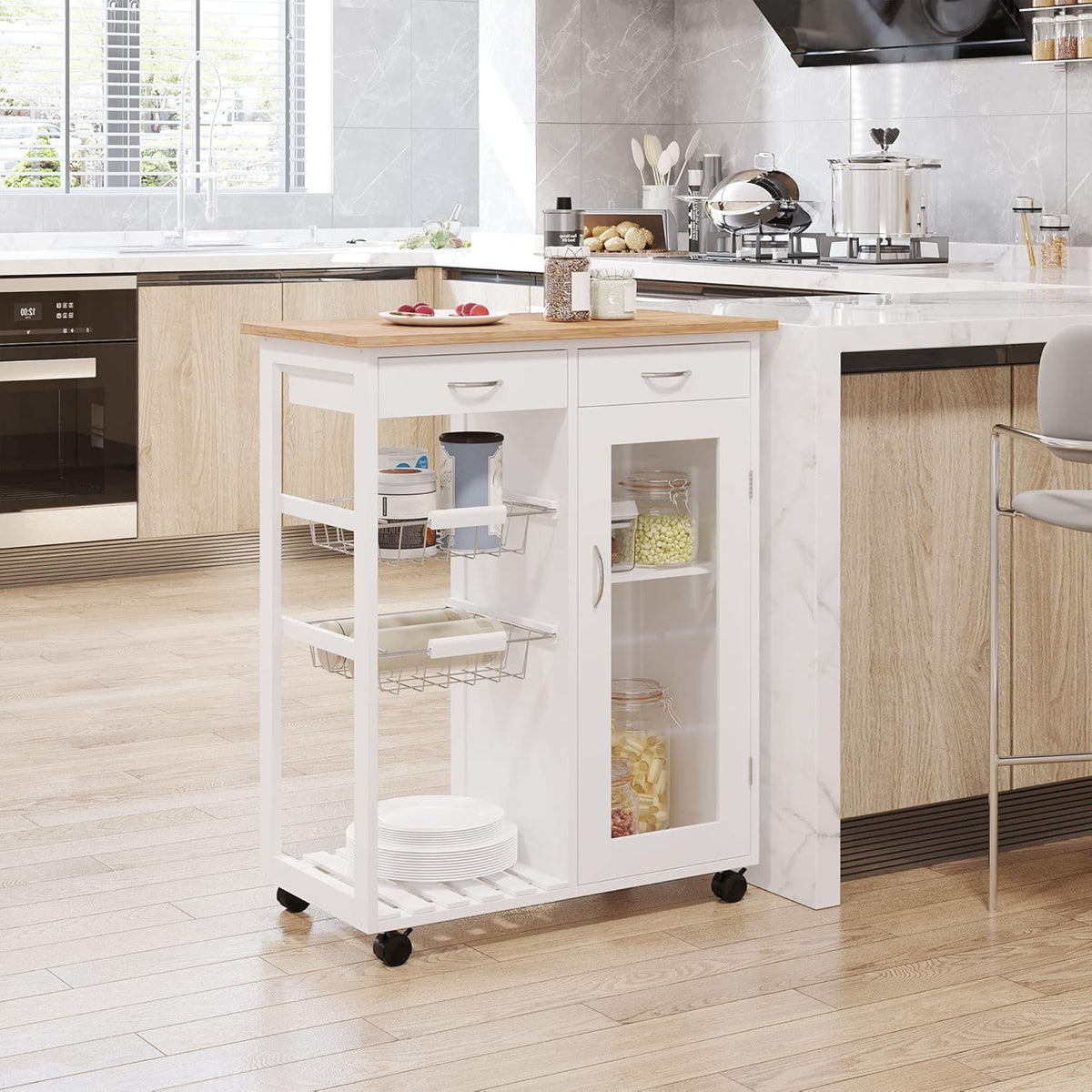 White Rolling Kitchen Trolley with Bamboo Top W2720