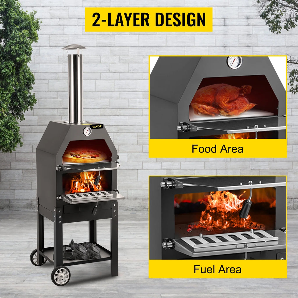 12 Wood Fire Outdoor Pizza Oven with 2 Removable Wheels U9858