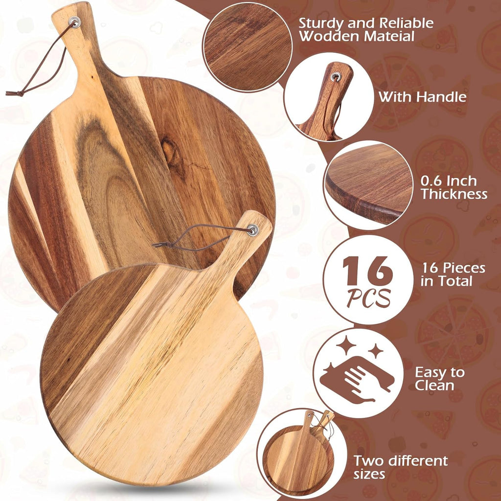 16 Pack Acacia Wood Cutting Board with Handle Thick Round Charcuterie Boards 2 Size C378