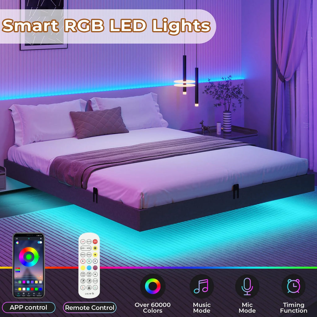 Queen Size Upholstered Platform Bed Frame with LED Lights and Underbed Storage Z514