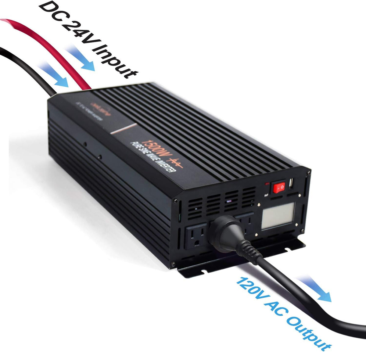 1500 Watt Pure Sine Wave Power Inverter 24V DC to AC 110V 120V with LCD Display and Remote Switch H513085